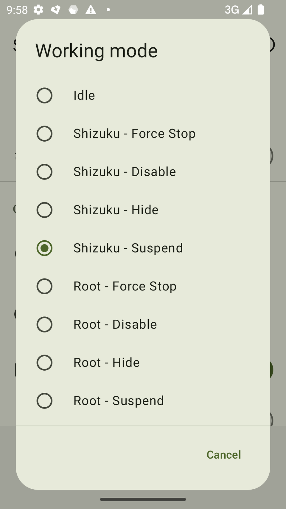 Shizuku working mode selection for Hail.