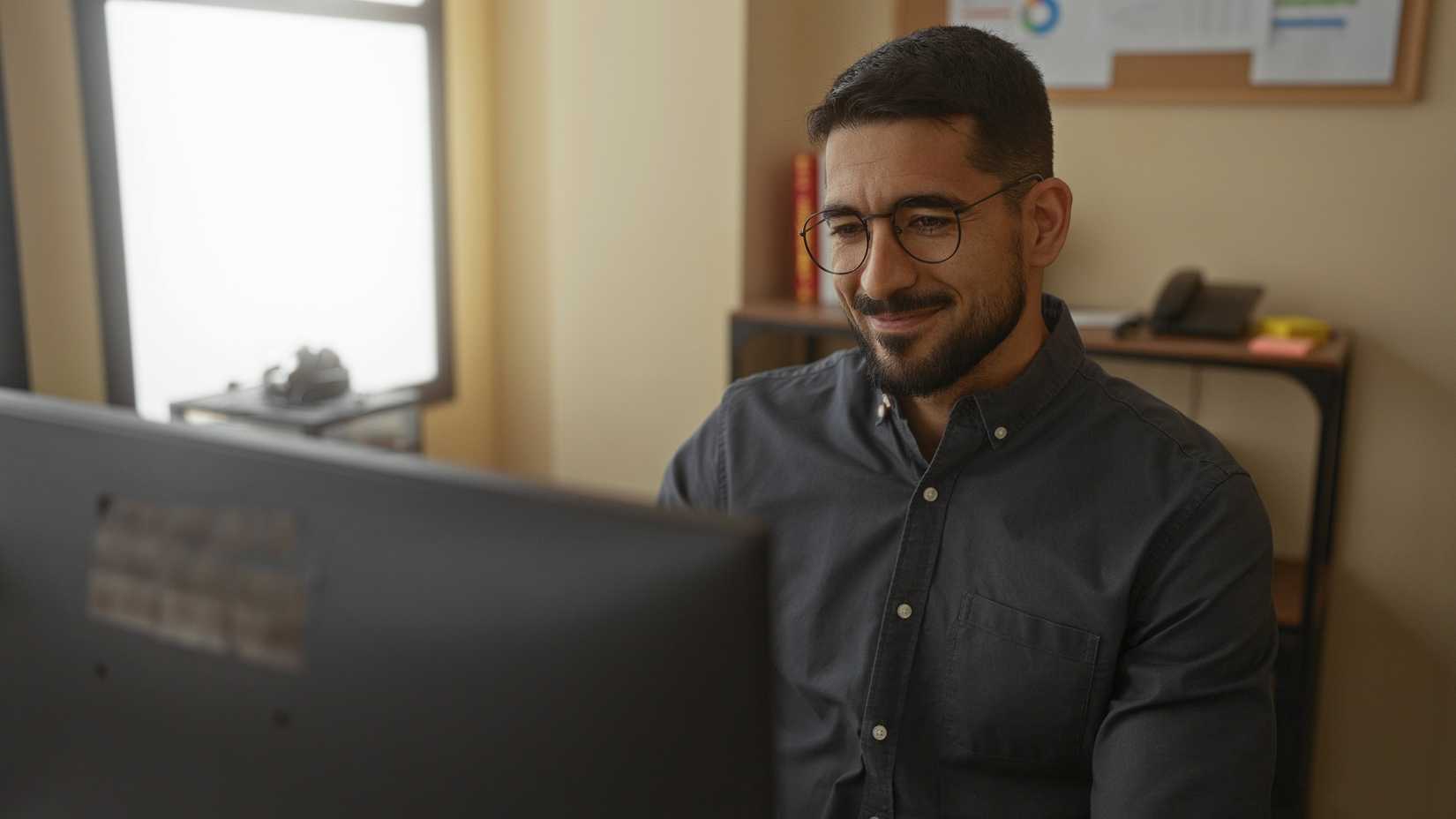 Man wearing glasses smiling while working at a desktop computer in a home office setting.