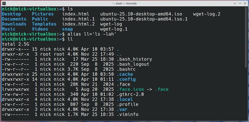 A simple alias that changes ll from ls -la to ls -lah. 