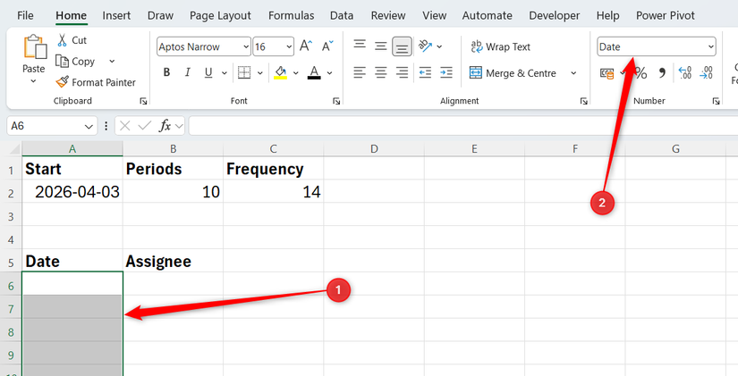 Some cells in Excel where a date will be entered are selected, and a Date number format is selected in the Number group of the Home tab.