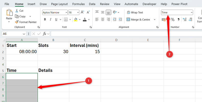 Some cells in Excel where a time will be entered are selected, and a Time number format is selected in the Number group of the Home tab.