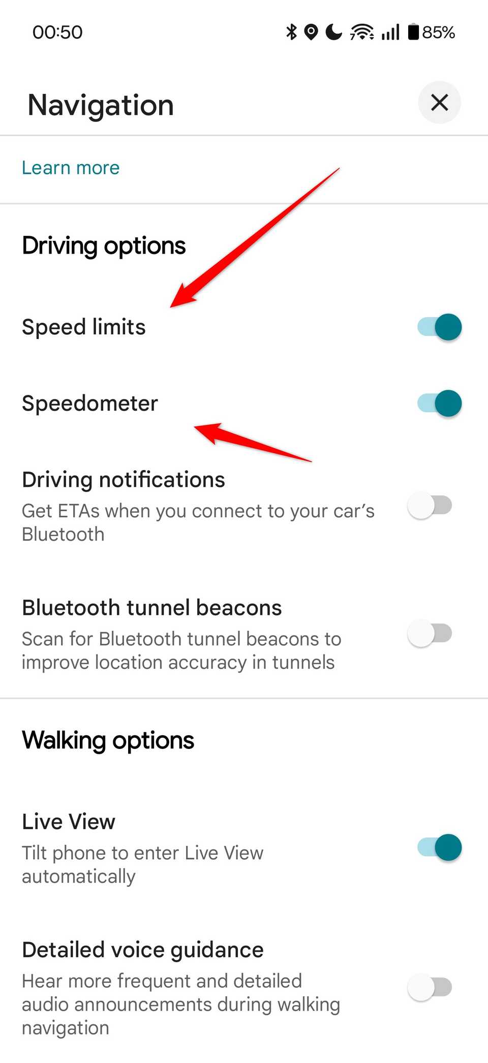 The speed limits and speedometer options in Google Maps.
