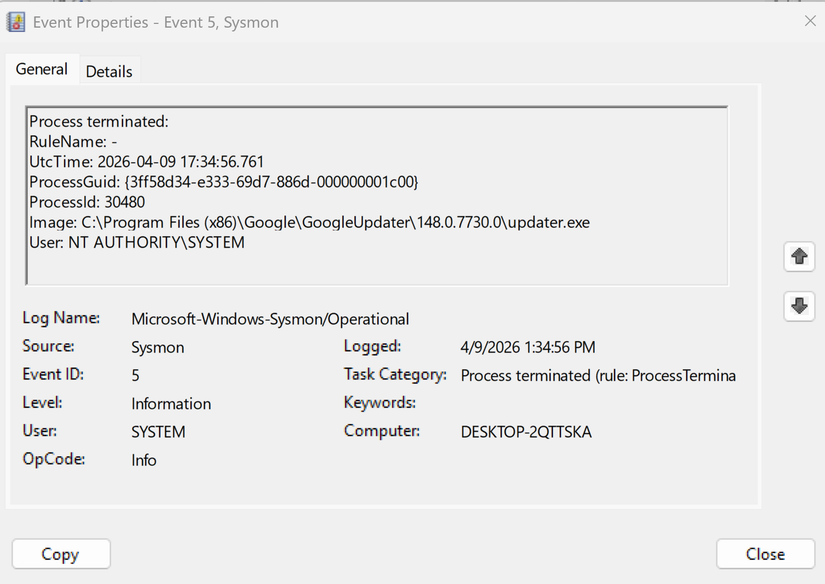 A screenshot of Windows 11 Event Viewer showing a log file from Sysmon.