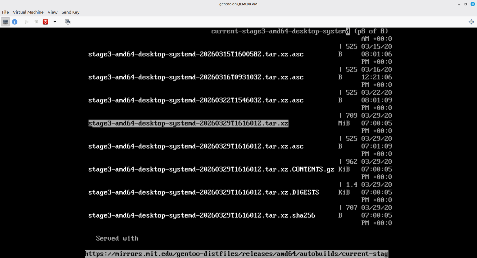 Downloading the TAR file for Gentoo via the installation media