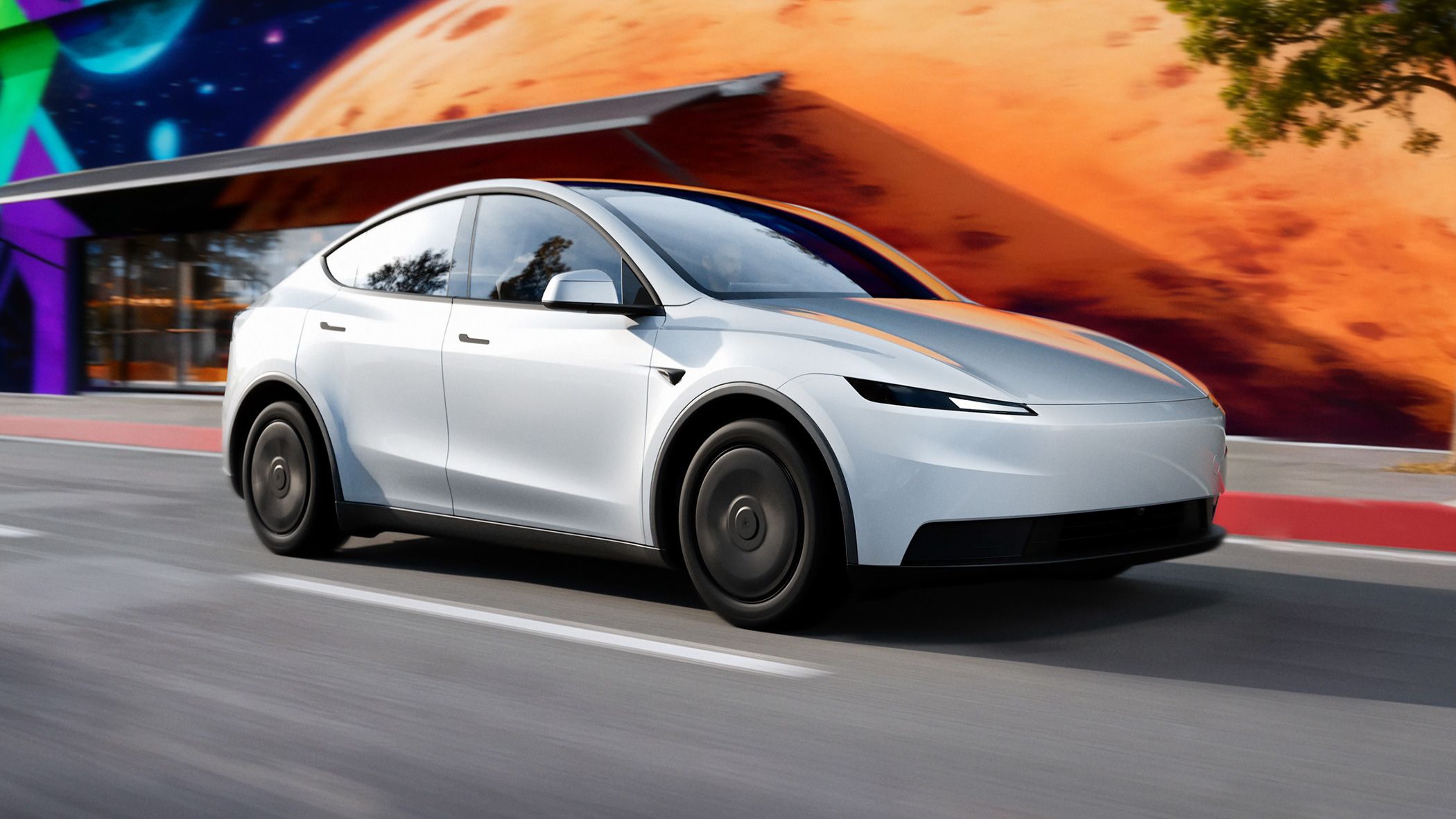 Tesla Model Y in white in front of a building with a cosmic background