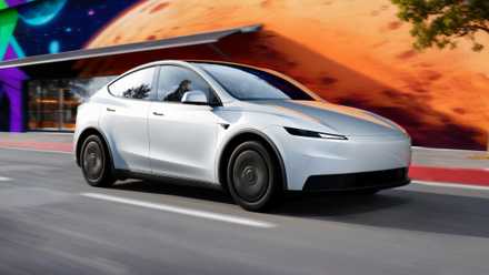 The Subaru Uncharted proves you do not wish to spend $50k for a realistic electrical SUV Tesla Model Y in white in front of a building with a cosmic background