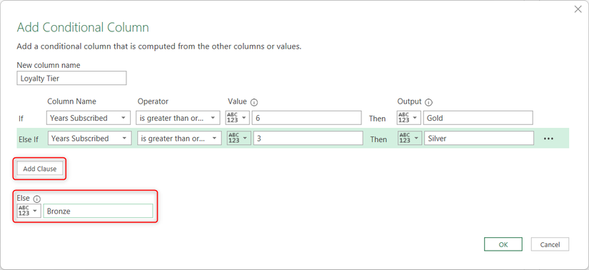 The Add Clause button and Else field of Power Query's Add Conditional Column dialog.