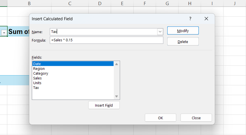 The Excel Insert Calculated Field dialog box showing a manual formula for Tax being applied to the PivotTable.