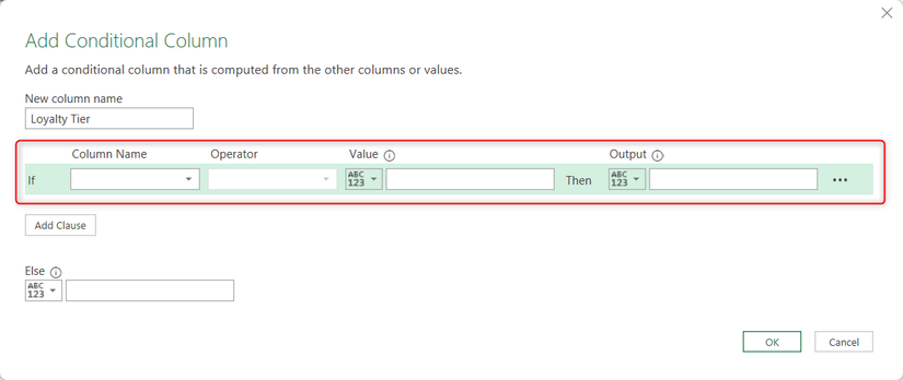 The four conditional fields in the Power Query Editor Add Conditional Column dilaog.