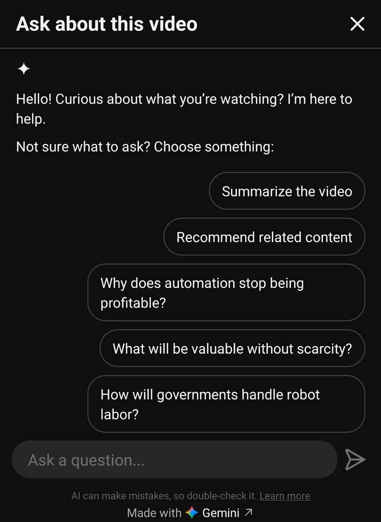 Окно чата Gemini в YouTube.