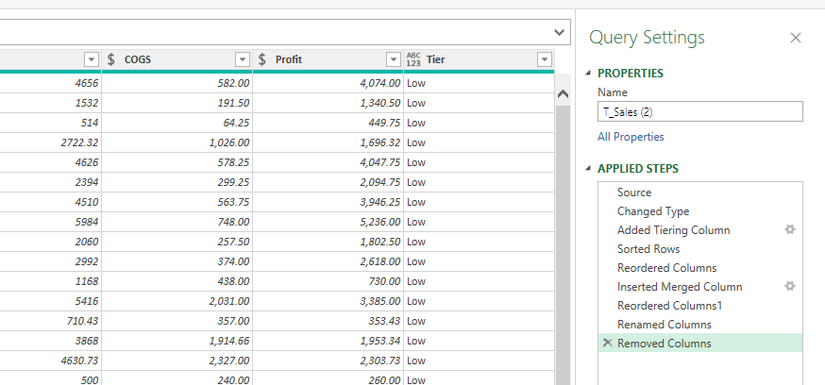 The Power Query Editor in Excel showing a list of Applied Steps including Sorted Rows and Renamed Columns next to a data preview.