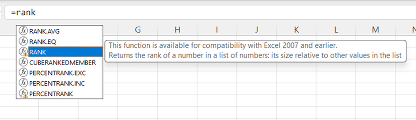 The RANK function in Excel, with the ToolTip explaining that it's a compatibility function for Excel 2007 or earlier.