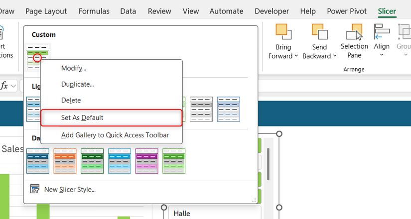 The right-click menu of a custom slicer in Excel is expanded, and Set As Default is highlighted.
