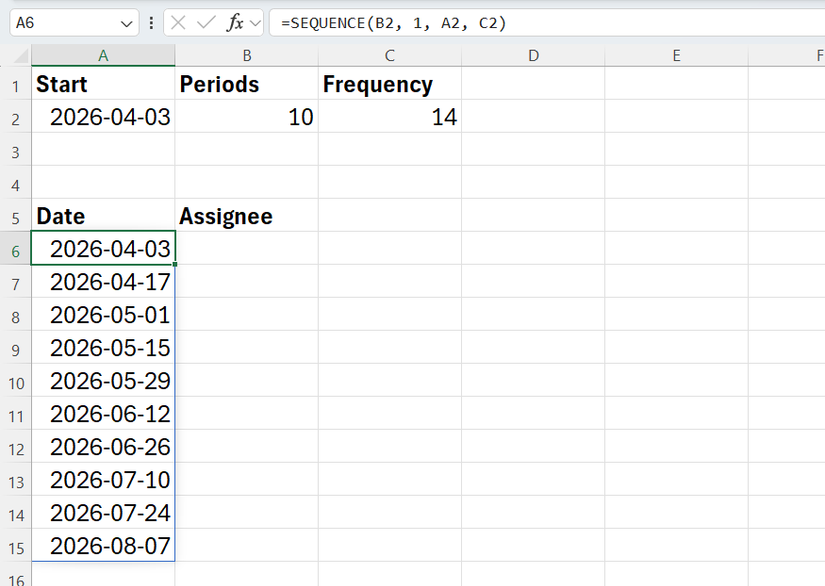 The SEQUENCE function used in Excel to sequence dates spanning 10 periods with a frequency of 14 days, starting on April 3.