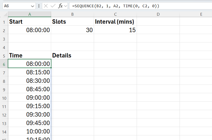 The SEQUENCE function in Excel is used to list times starting at 0800, spanning 30 slots, at 15-minute intervals.