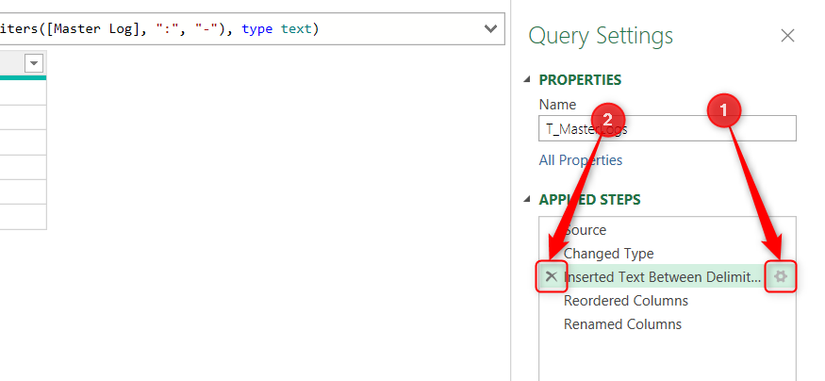 The Settings Cog and the Delete icon next to a step in Power Query's Applied Steps pane.