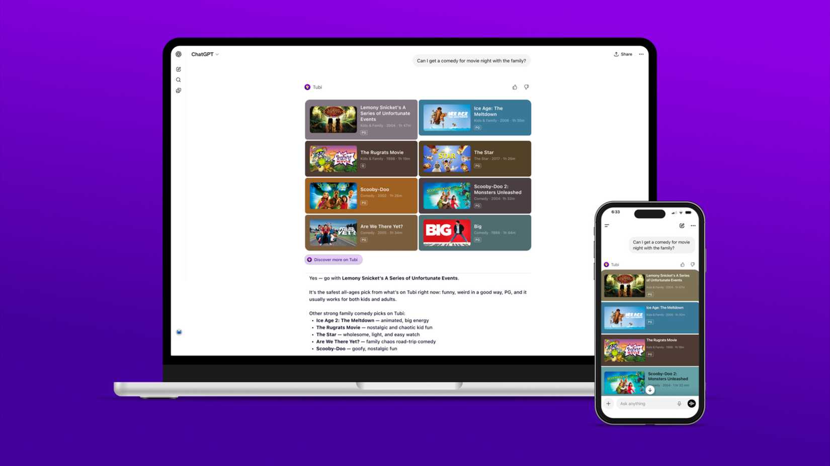 Search Tubi movies and TV shows using the native ChatGPT app