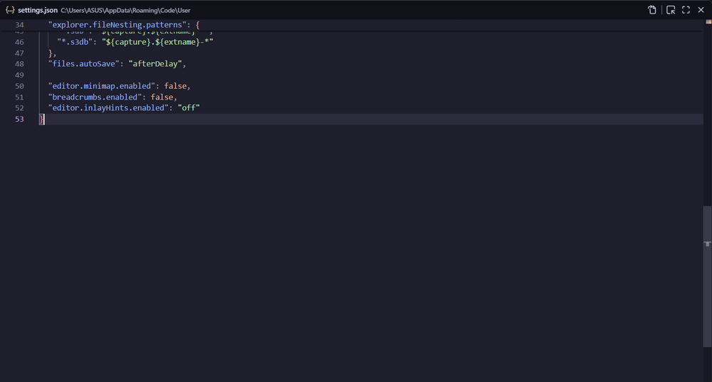 Turning off minimap, breadcrumbs, and hints in VS Code