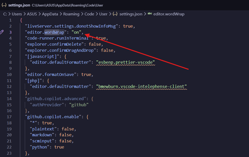Enabling word wrap in VS Code settings