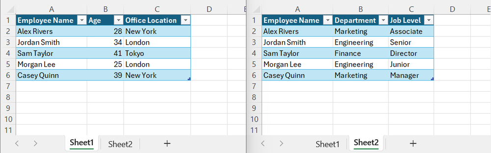 Two tables on separate tabs containing different details about the same employees
