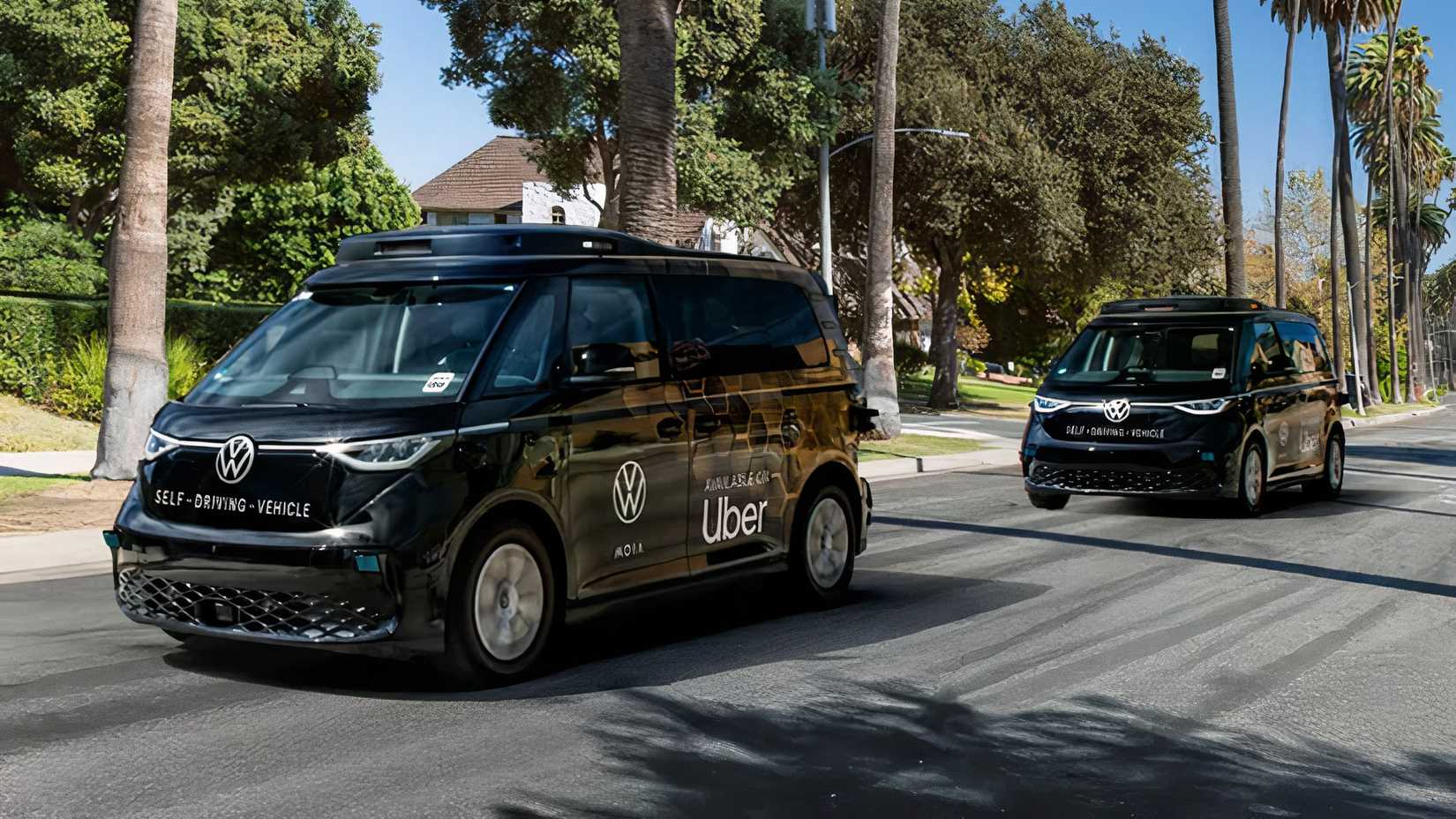 Uber VW ID. Buzz robotaxis driving in Los Angeles