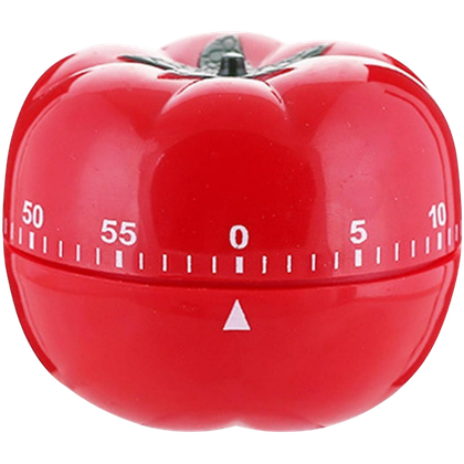 Red tomato-shaped kitchen timer with a circular dial marked in minutes and a small triangular indicator.