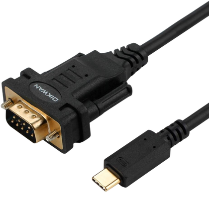 Кабель-переходник USB-C — RS-232 (DB9) с современным и классическим разъёмом на белом фоне.