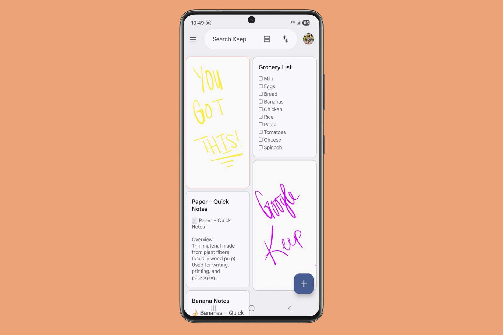 Library of all created notes in Google Keep on a Samsung device.