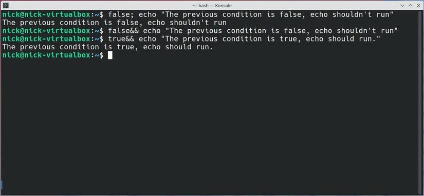 An example using true and false commands to show that && will only execute the second command if the first executes successfully. 