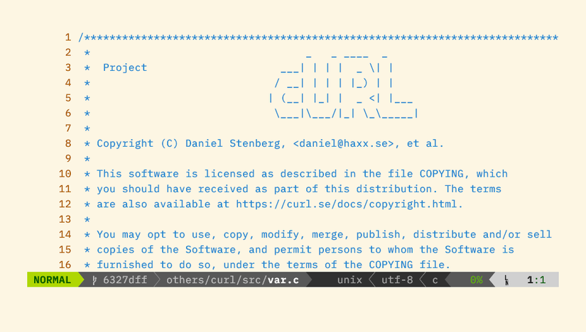 Powerline-плагин в Vim показывает строку состояния с серо-зелёными цветами, текущей git-веткой, типом и кодировкой файла, а также координатами курсора.