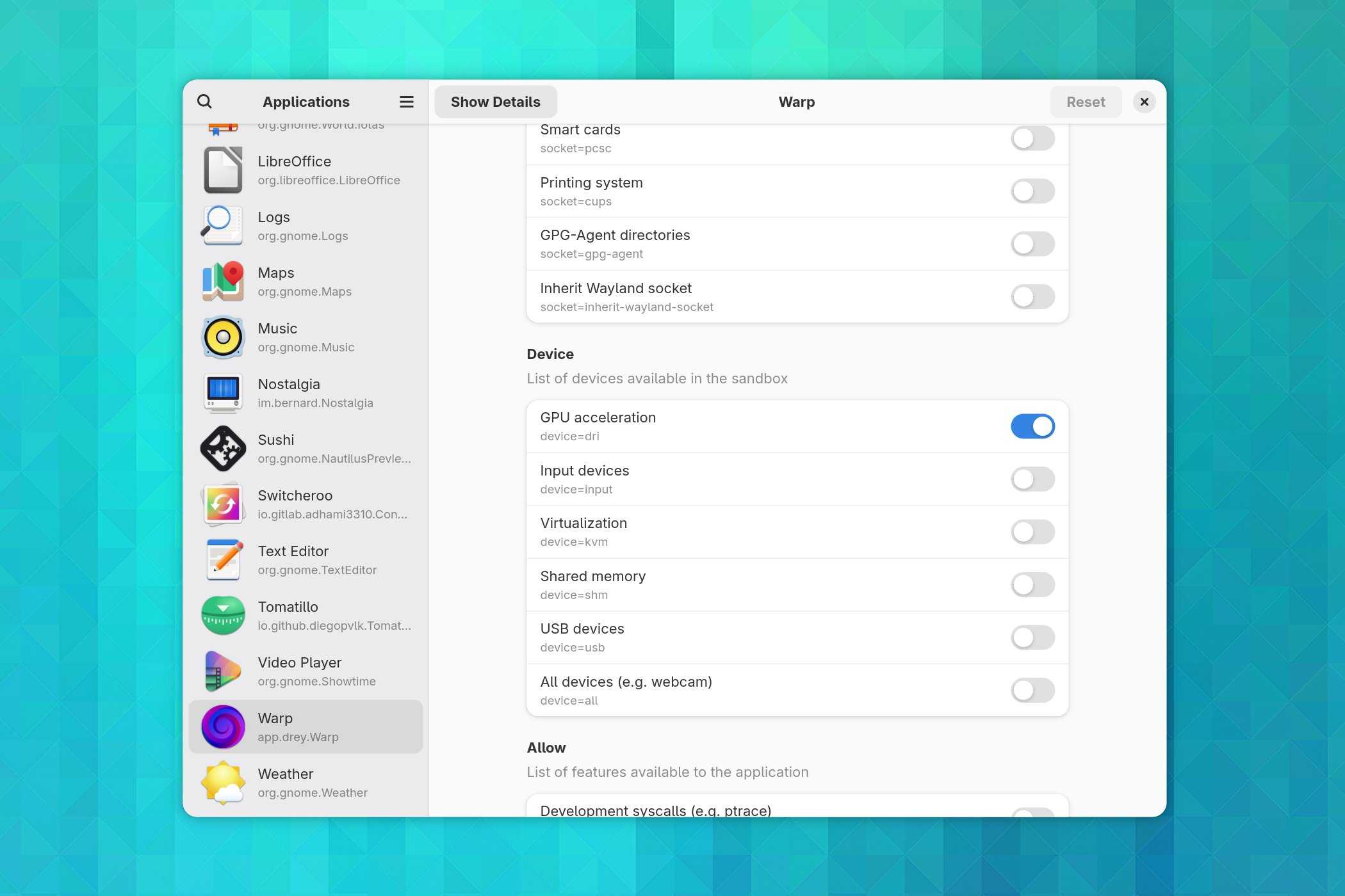 Warp permissions visible in the Flatseal Linux app.