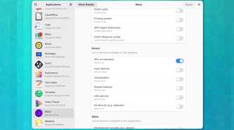 Warp permissions visible in the Flatseal Linux app.