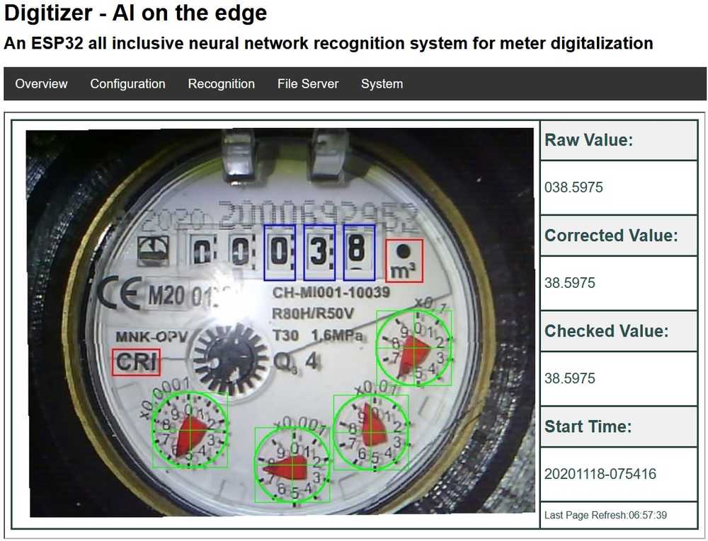 An ESP32-based setup monitoring a water meter