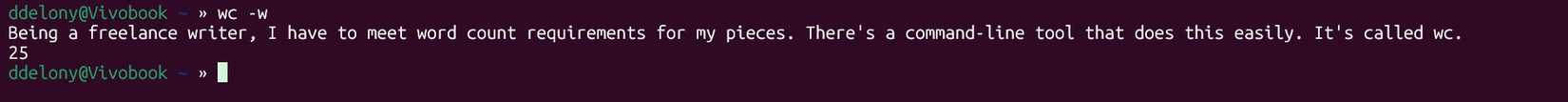 wc-w command with text pasted in and word count shown below in the terminal.