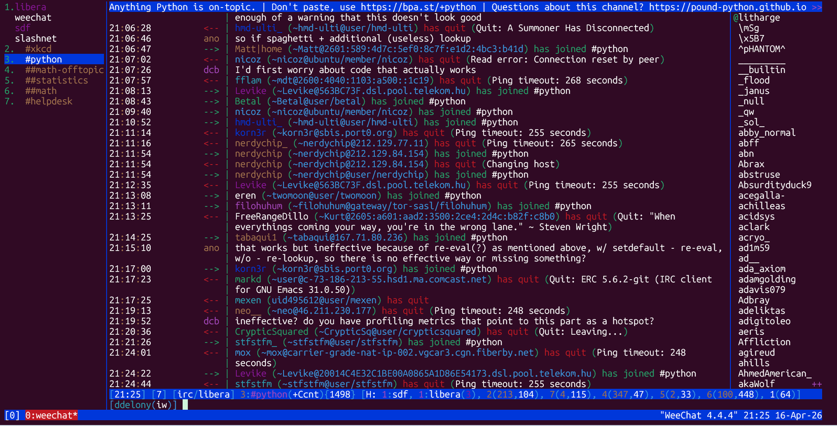 Python IRC channel in WeeChat on tmux.