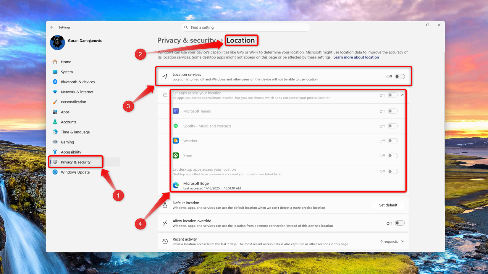 Disabling Location Services in Windows 11 settings.