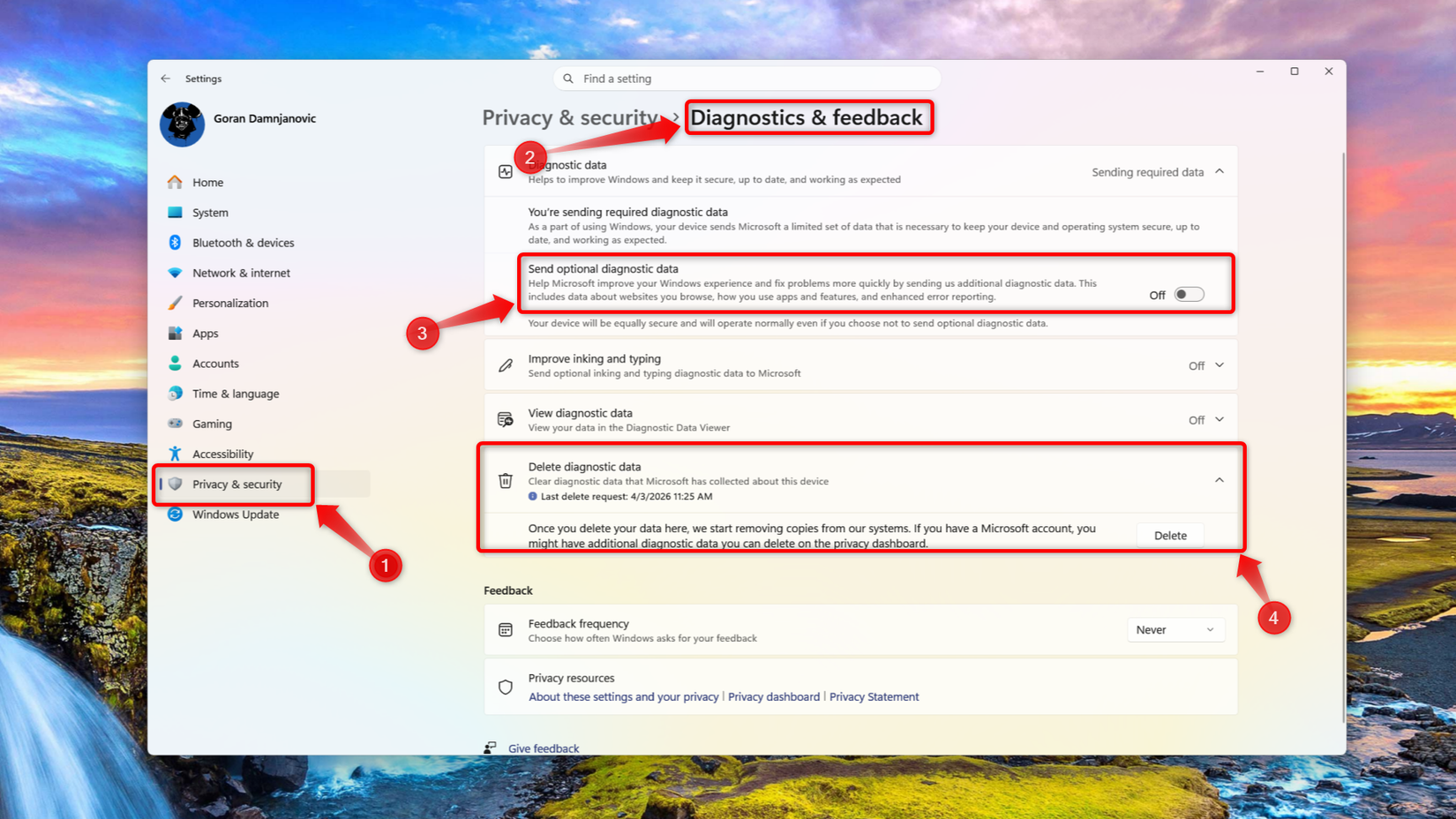 The Diagnostic & feedback menu in Windows 11.