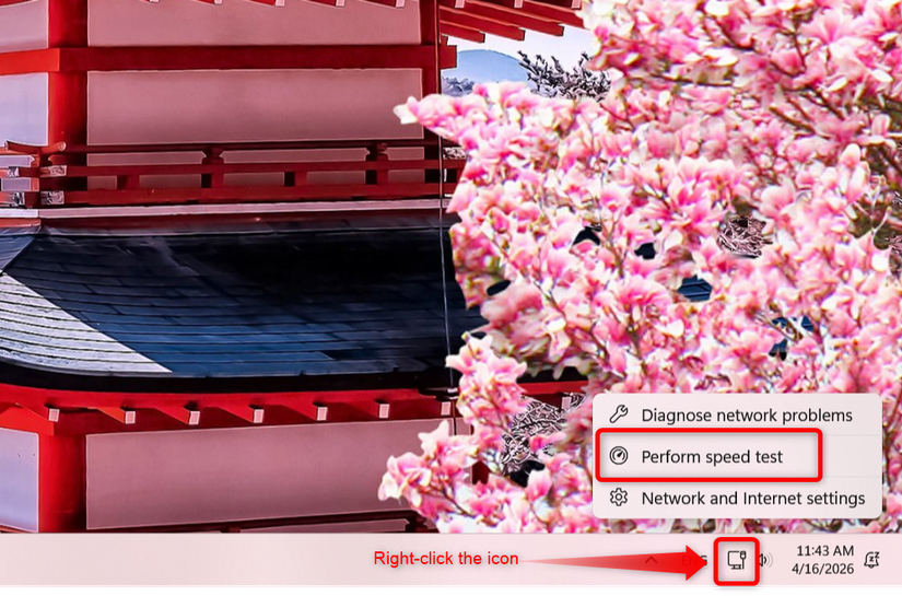 Windows 11 taskbar internet speed test.