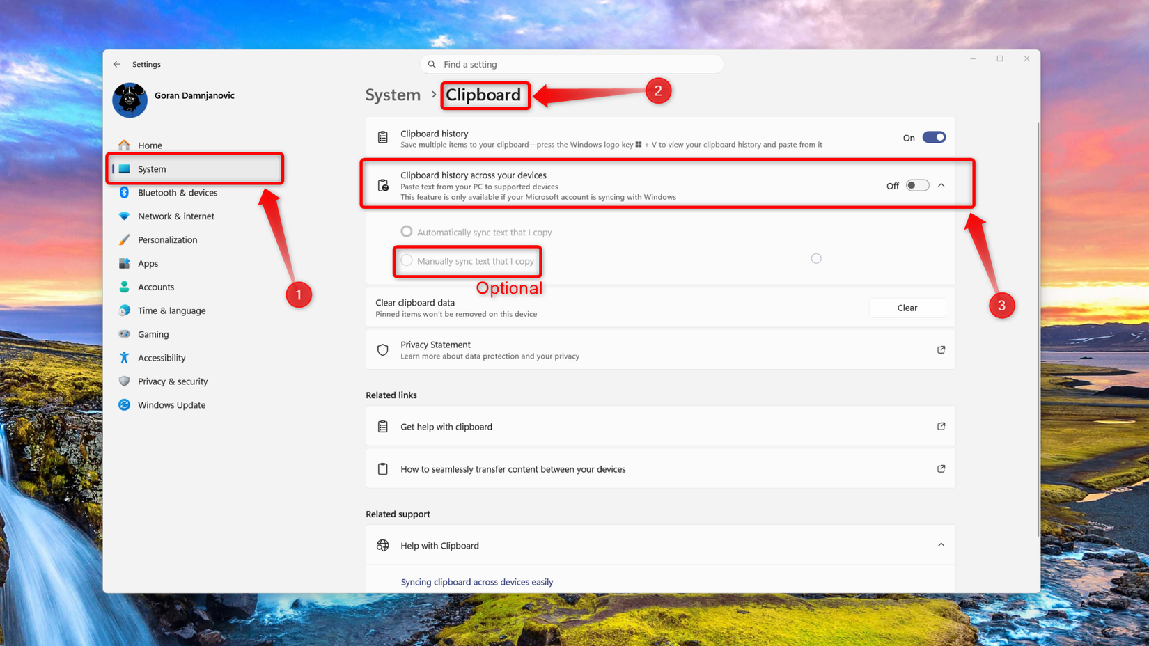 The Clipboard menu in Windows 11 showing various Clipboard-related options.