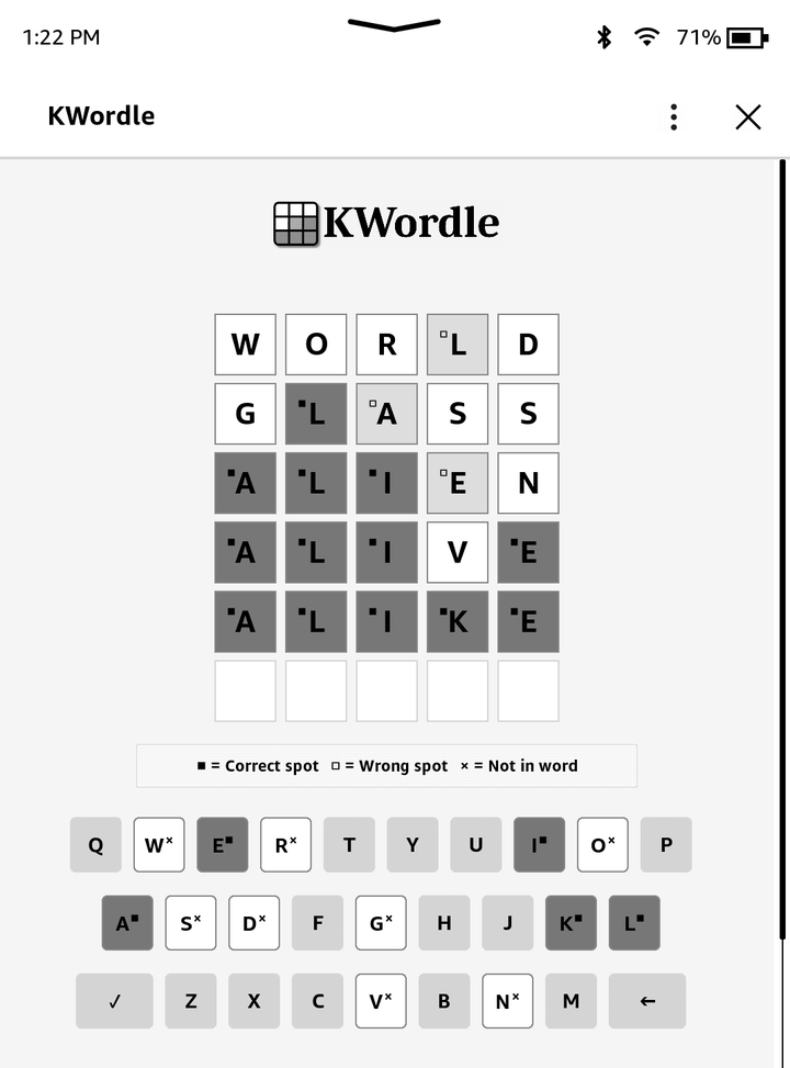 Wordle running on a jailbroken Kindle