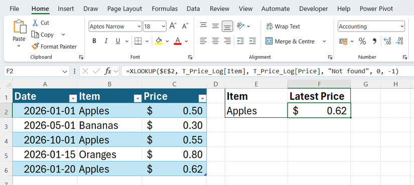 XLOOKUP is used in Excel to find the latest price of apples from a price list table.