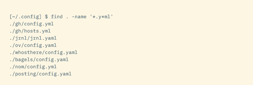 The find command showing YAML files on a local file system.