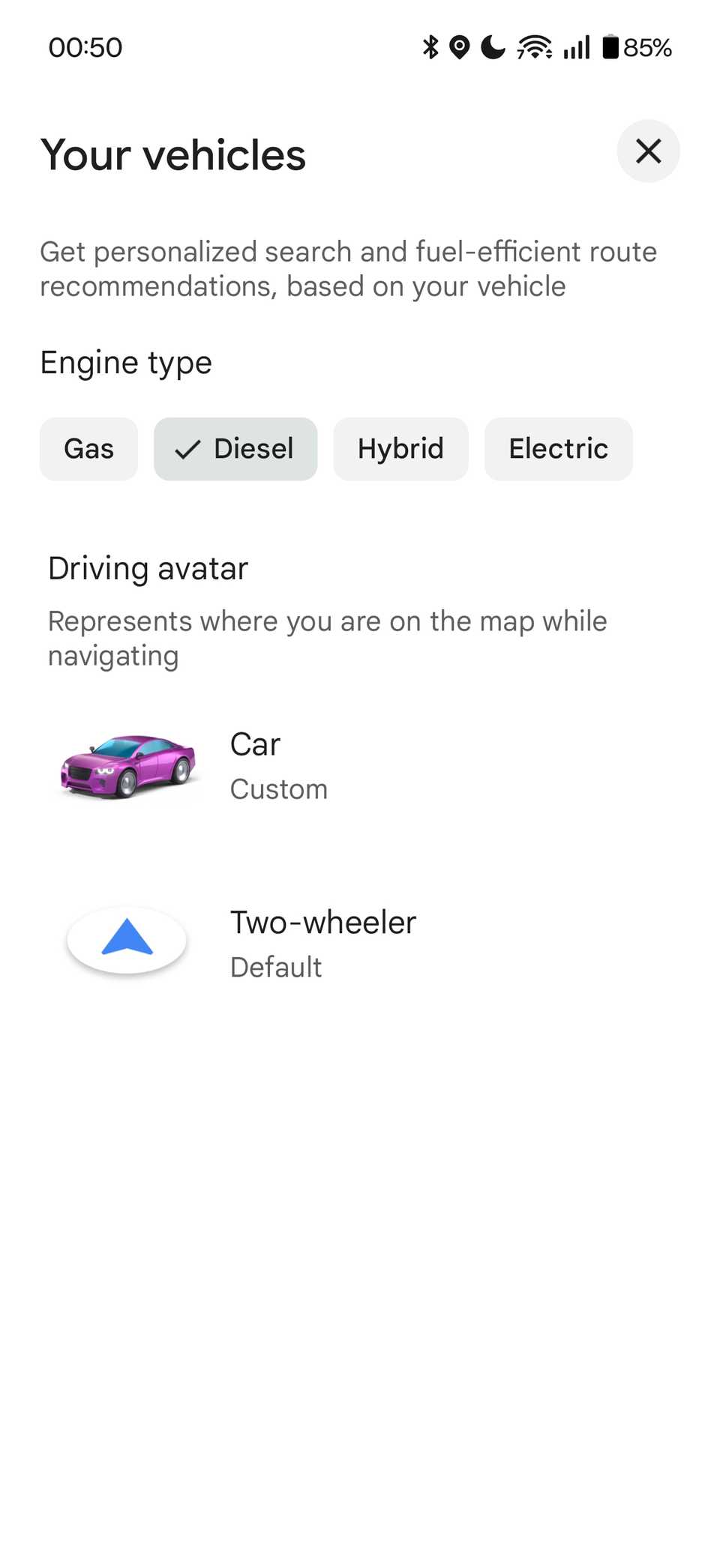 The "Your vehicles" menu in Google Maps.