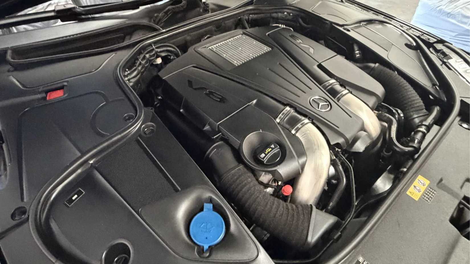 Shot under the hood of a 2015 Mercedes-Benz S550.