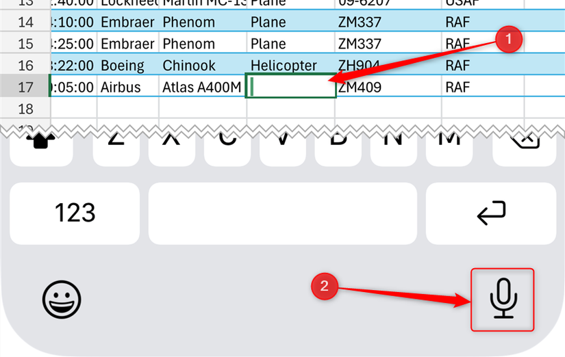 A cell is activated in the Excel mobile app, and the microphone icon in the keyboard section is highlighted.