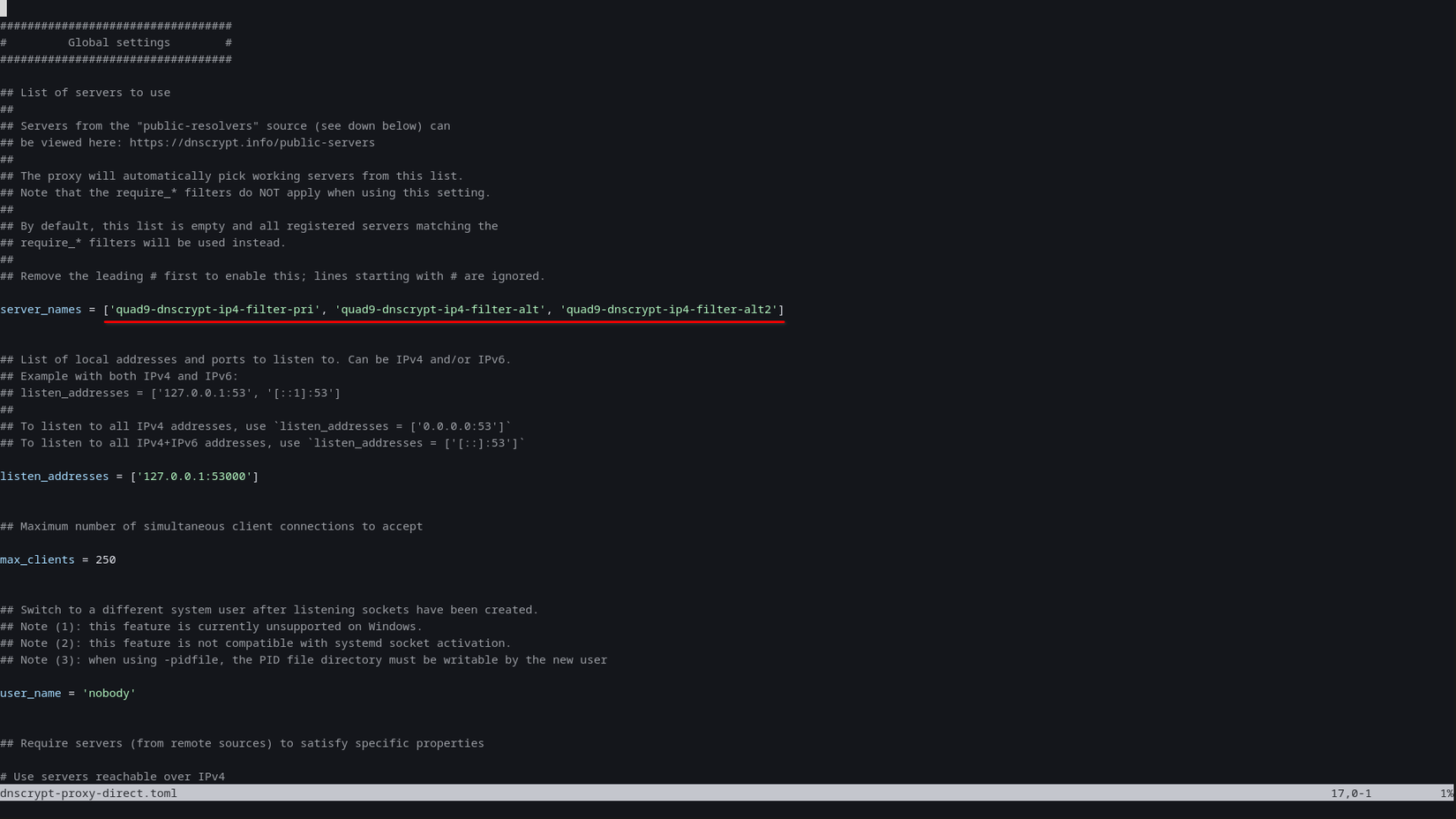 A configuration file displays the server_names line set to three Quad9 DNSCrypt stamps.