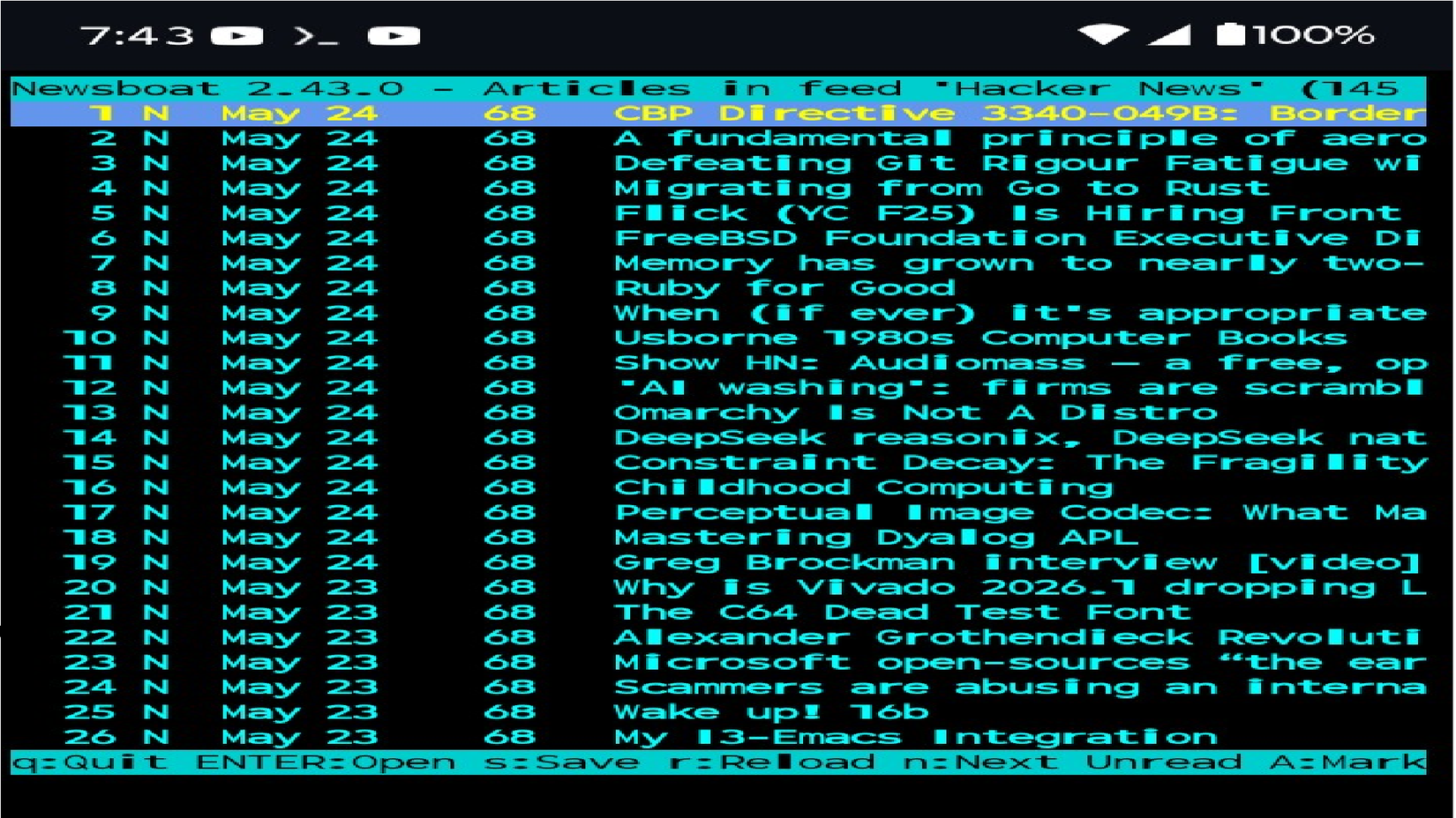 A customized instance of newsboat running on Termux featuring a teal color scheme.
