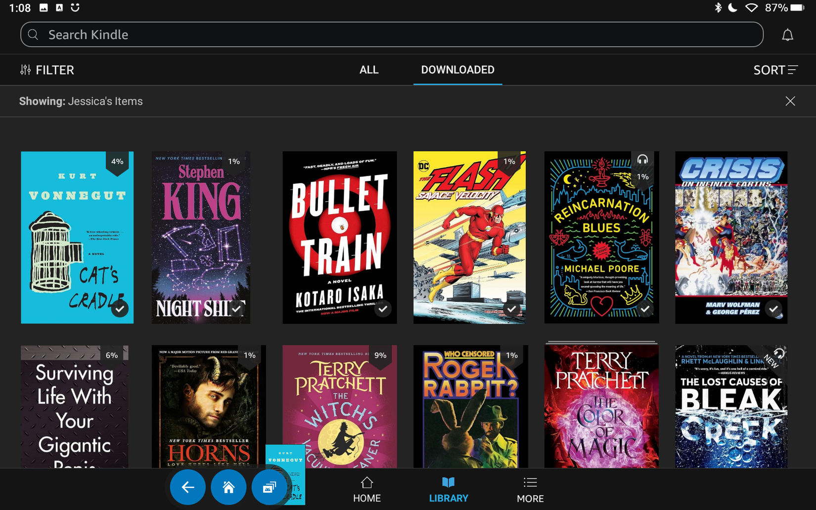 A Kindle library screen showing several books in two rows.