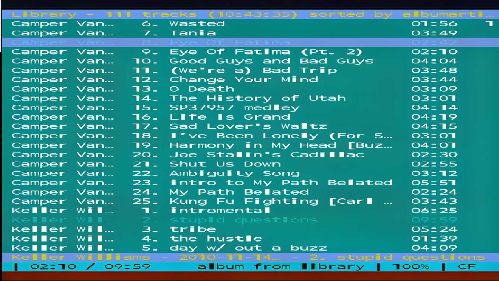 A multicolored display in cmus on termux demonstrating the green, cyan, and red colors used in the color scheme.