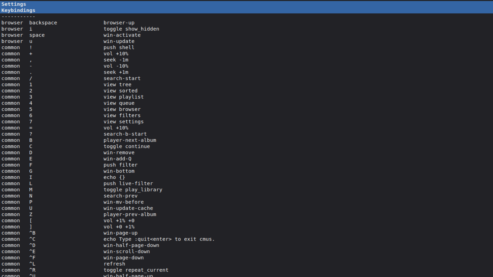 A screenshot of the different keybindings settings in cmus.